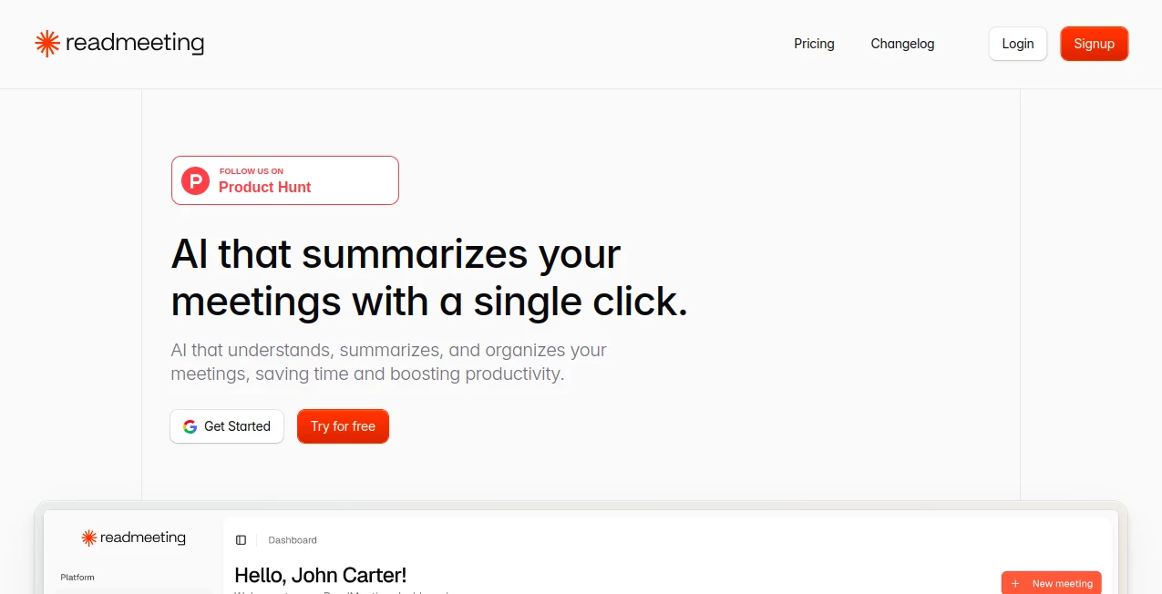 Screenshot of ReadMeating – An AI tool in the ,AI Transcription ,AI Meeting Assistant ,AI Notes Assistant  category, showcasing its interface and key features.