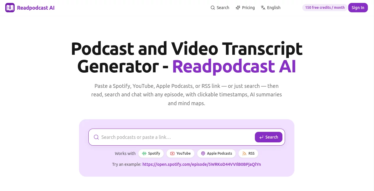 Screenshot of Readpodcast AI – An AI tool in the ,AI Summarizer ,AI Transcription ,AI Speech to Text ,AI Podcast Assistant  category, showcasing its interface and key features.
