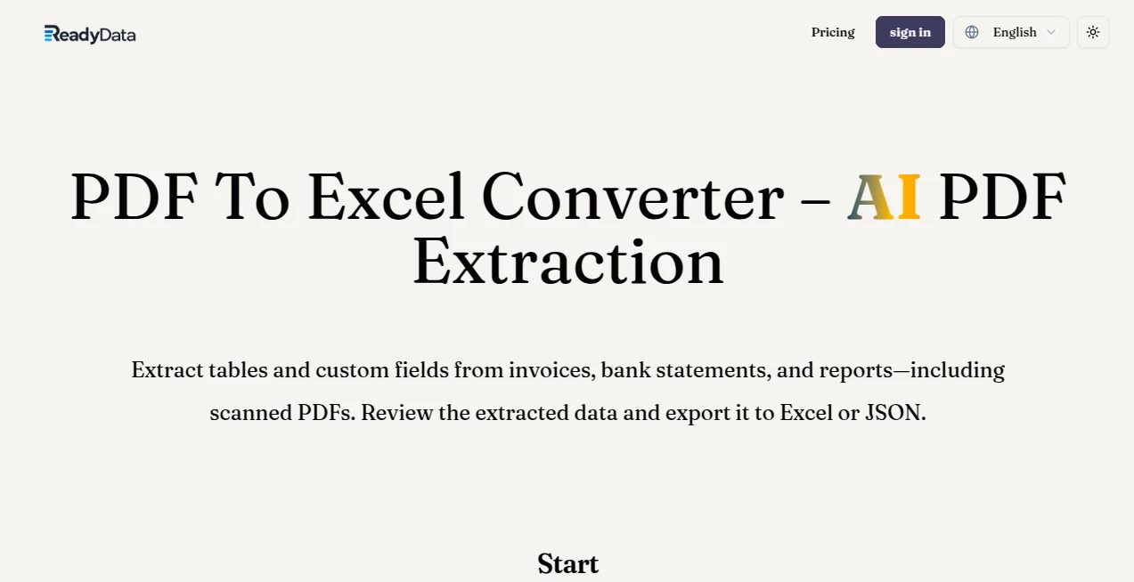 Screenshot of PDF to Excel – An AI tool in the ,Other  category, showcasing its interface and key features.
