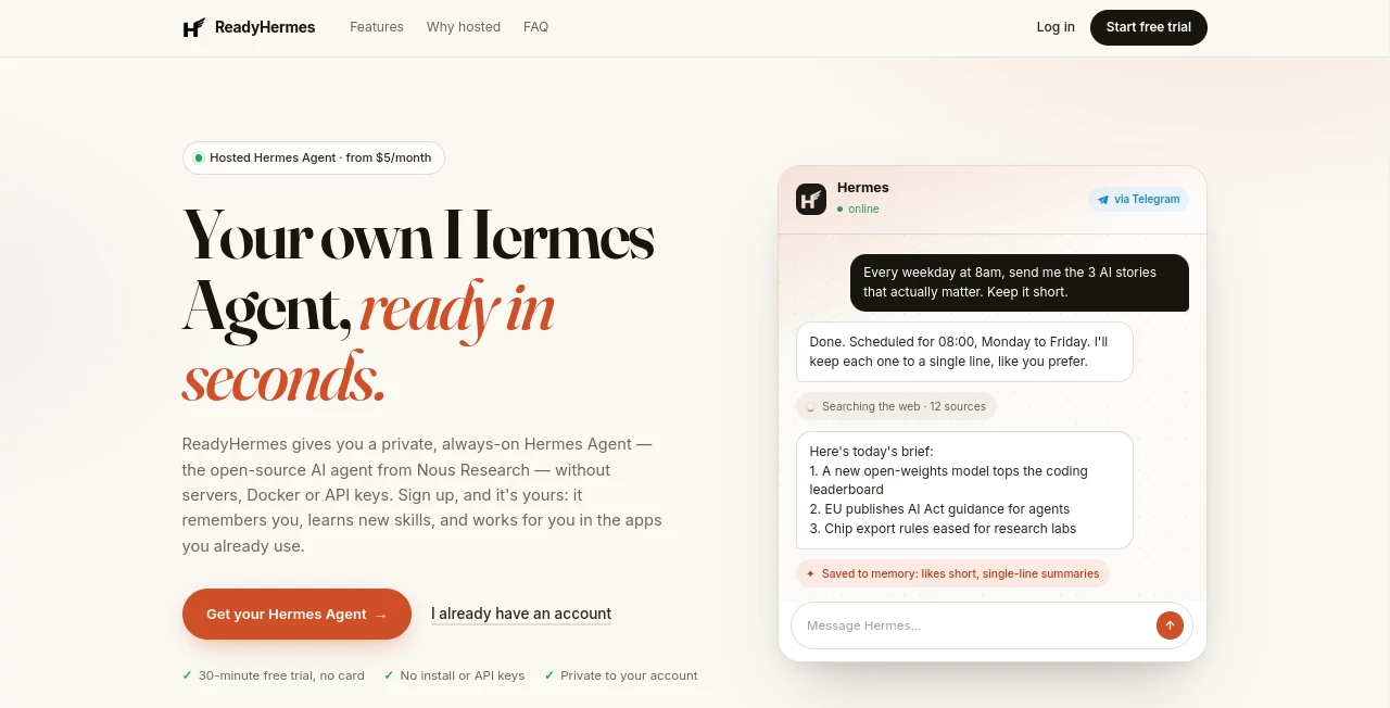 Screenshot of ReadyHermes – An AI tool in the ,AI Life Assistant ,AI Productivity Tools ,Life Assistant  category, showcasing its interface and key features.