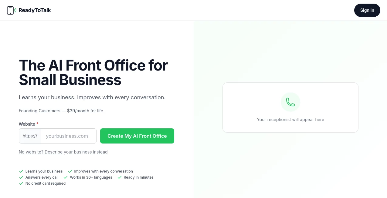 Screenshot of ReadyToTalk – An AI tool in the ,AI Sales Assistant ,Business ,AI Customer Service Assistant ,AI Voice Assistants  category, showcasing its interface and key features.