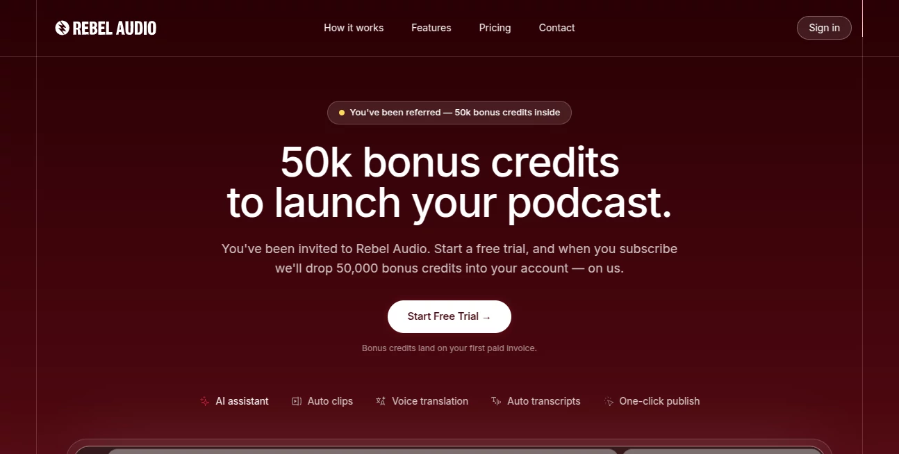Screenshot of Rebel Audio – An AI tool in the ,AI Speech to Text ,AI Voice & Audio Editing ,AI Podcast Assistant ,AI Video Recording  category, showcasing its interface and key features.