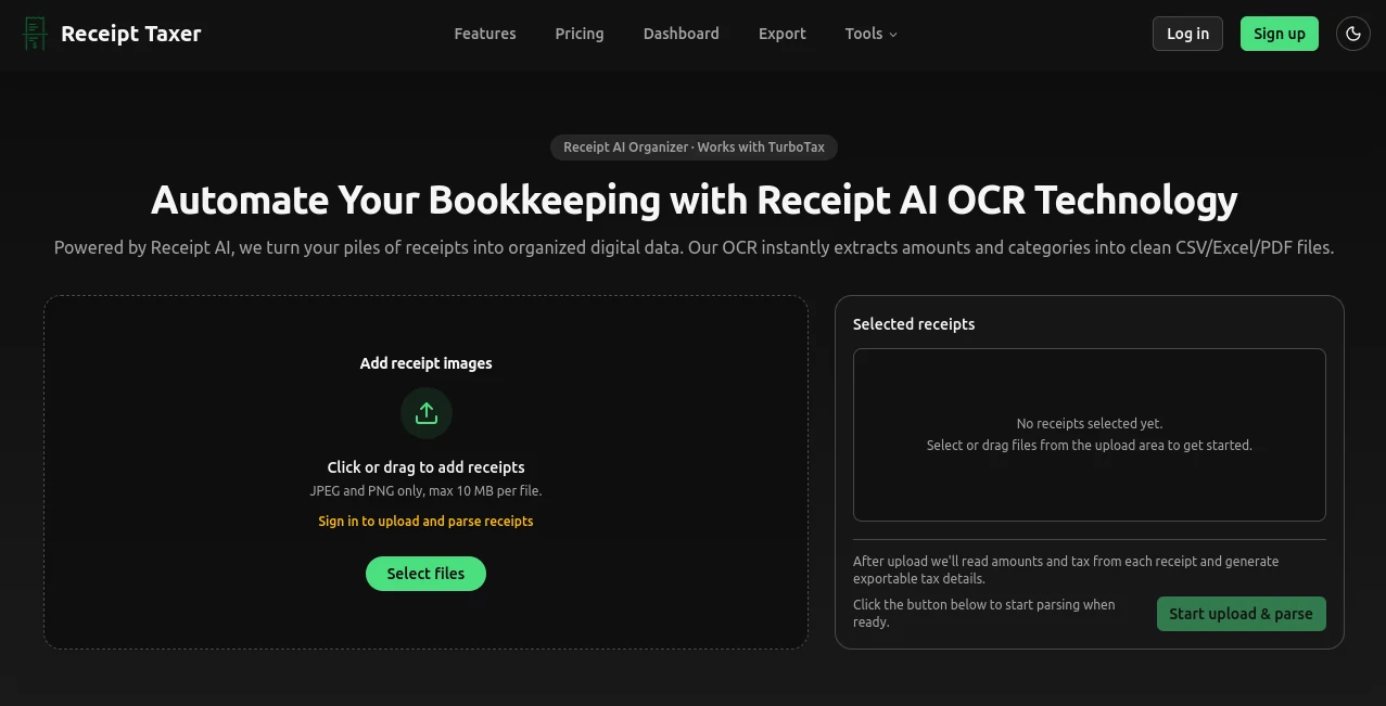 Screenshot of Receipt Taxer – An AI tool in the ,AI Document Extraction ,AI Documents Assistant ,AI Accounting Assistant ,AI Productivity Tools  category, showcasing its interface and key features.