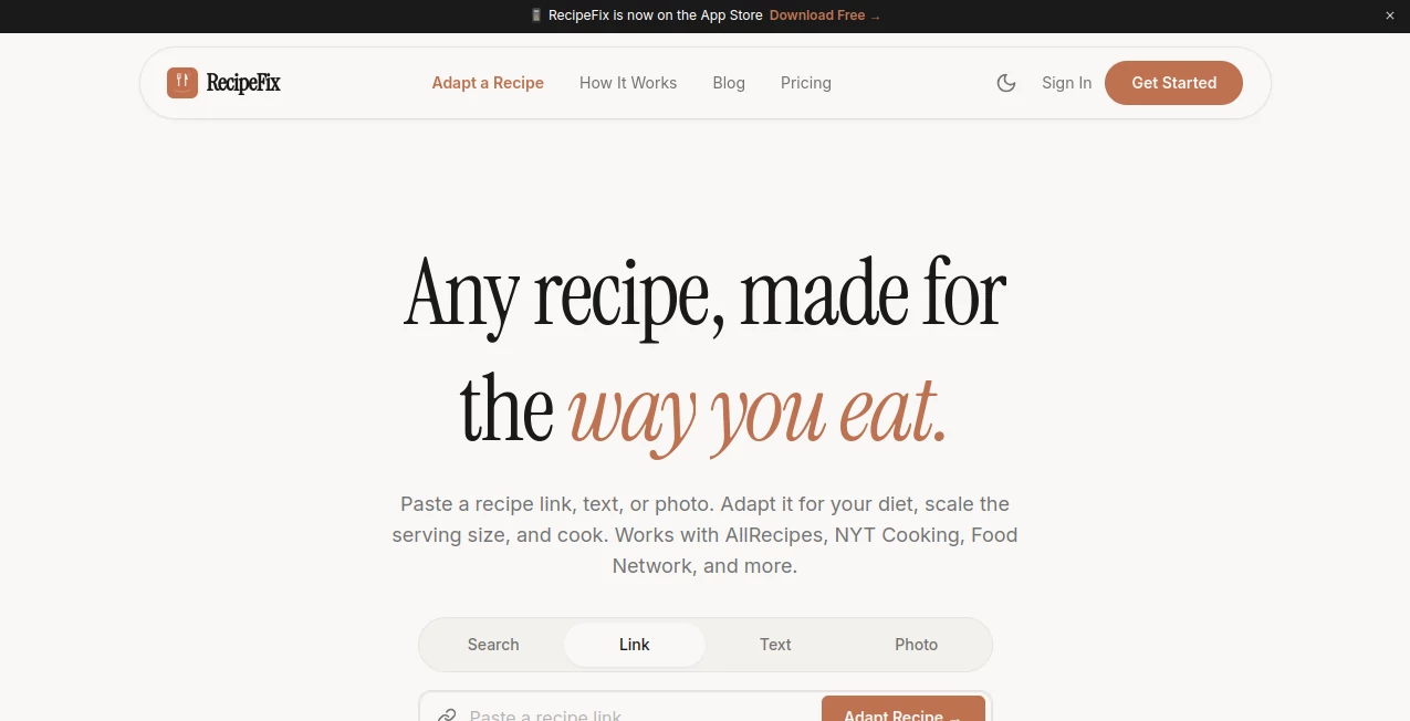 Screenshot of RecipeFix – An AI tool in the ,AI Cooking Assistant ,AI Recipe Assistant ,AI Life Assistant ,Other  category, showcasing its interface and key features.