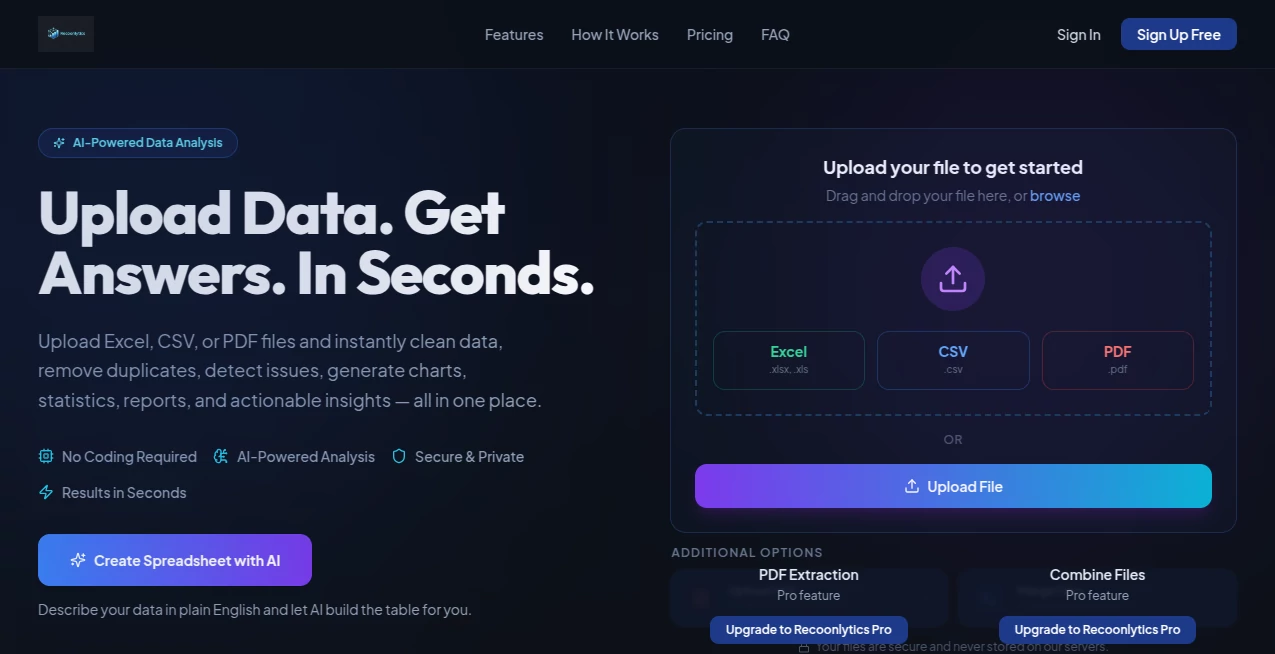 Screenshot of Recoonlytics – An AI tool in the ,AI Data Mining ,AI Research Tool ,AI Analytics Assistant ,AI Spreadsheet  category, showcasing its interface and key features.