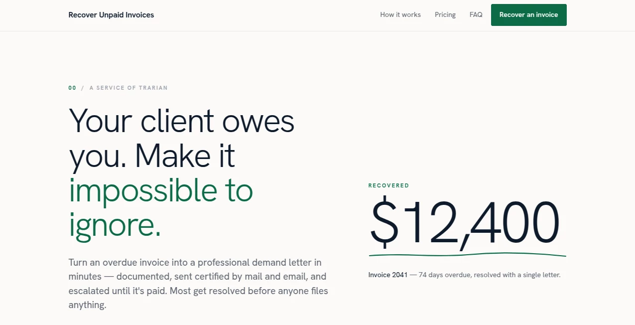 Screenshot of Recover Unpaid Invoices – An AI tool in the ,AI Accounting Assistant ,AI Business Ideas Generator ,AI Customer Service Assistant ,AI Productivity Tools  category, showcasing its interface and key features.