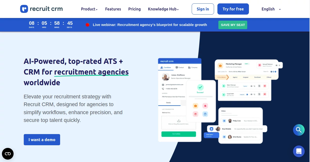 Screenshot of Recruit CRM – An AI tool in the ,AI CRM Assistant  category, showcasing its interface and key features.