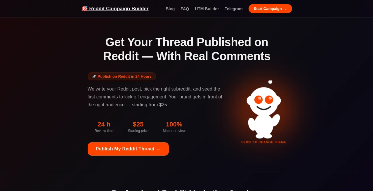 Screenshot of Reddit Campaign Builder – An AI tool in the ,AI SEO Assistant ,AI Marketing Plan Generator ,AI Social Media Assistant ,AI Digital Marketing Generator  category, showcasing its interface and key features.
