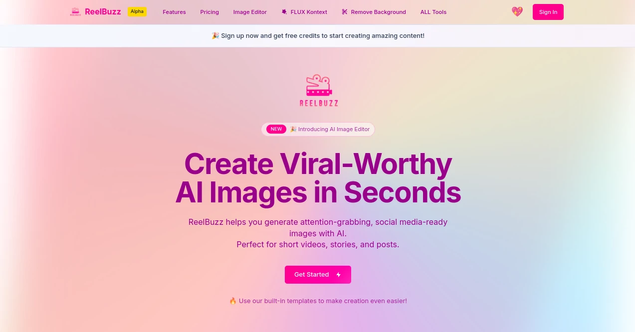 Screenshot of ReelBuzz AI – An AI tool in the ,AI Photo & Image Generator ,AI Photo Enhancer ,AI Image to Image ,AI Design Generator  category, showcasing its interface and key features.