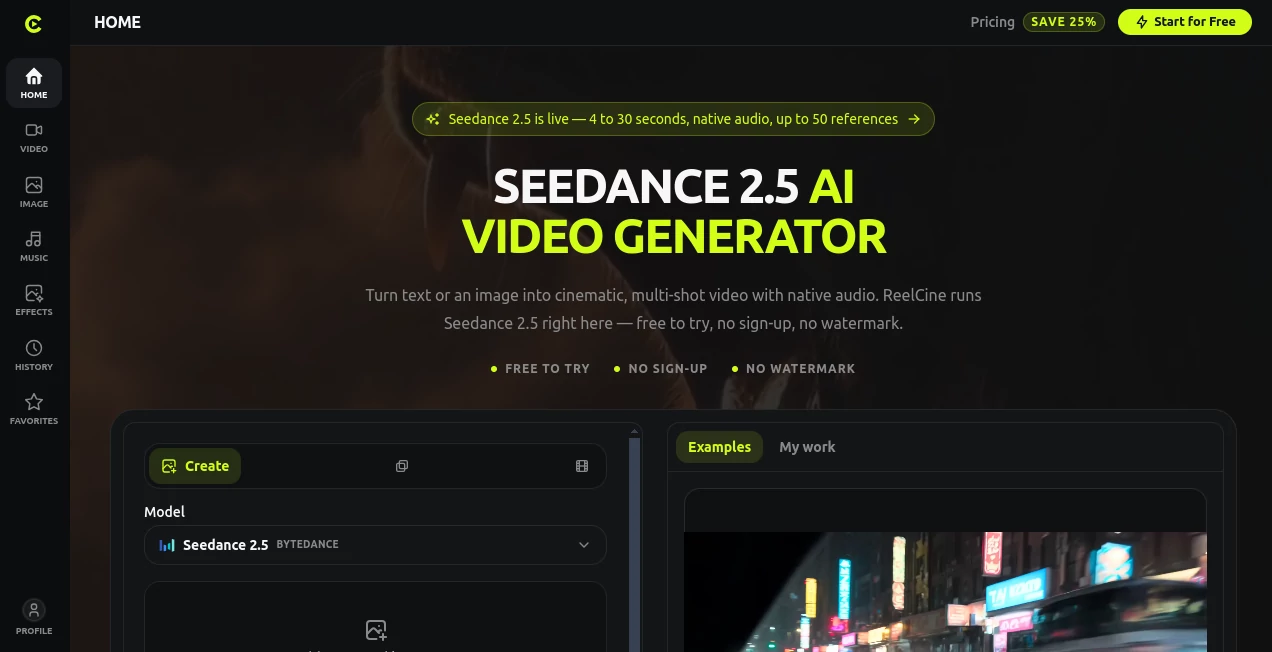 Screenshot of ReelCine – An AI tool in the ,AI Video to Video ,AI Image to Video ,AI Video Generator ,AI Text to Video  category, showcasing its interface and key features.