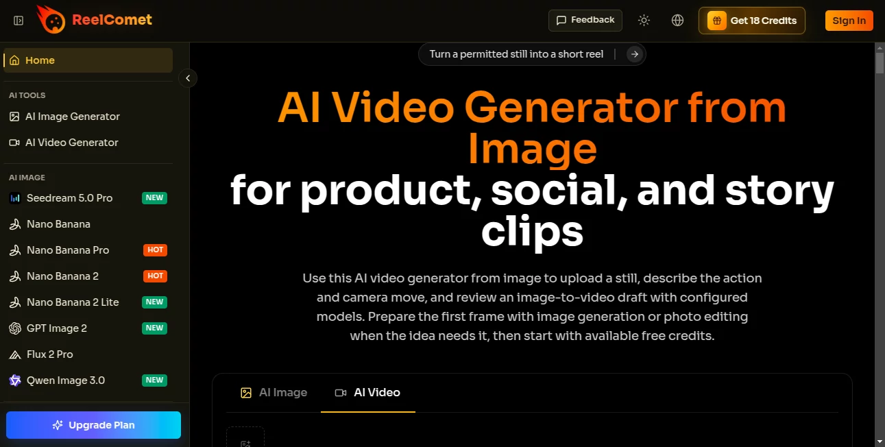 Screenshot of ReelComet – An AI tool in the ,Image ,AI Image to Image  category, showcasing its interface and key features.