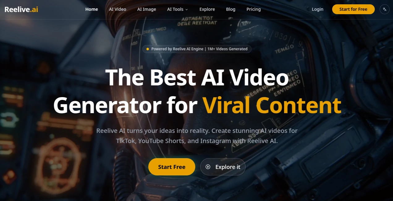 Screenshot of Reelive AI – An AI tool in the ,AI Image to Video ,AI Text to Video ,AI Video Generator ,AI Social Media Assistant  category, showcasing its interface and key features.