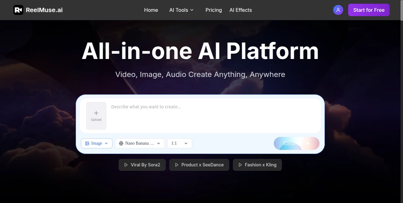 Screenshot of ReelMuse.ai – An AI tool in the ,AI Image to Video ,AI Video Generator ,AI Music Generator ,AI Text to Video  category, showcasing its interface and key features.