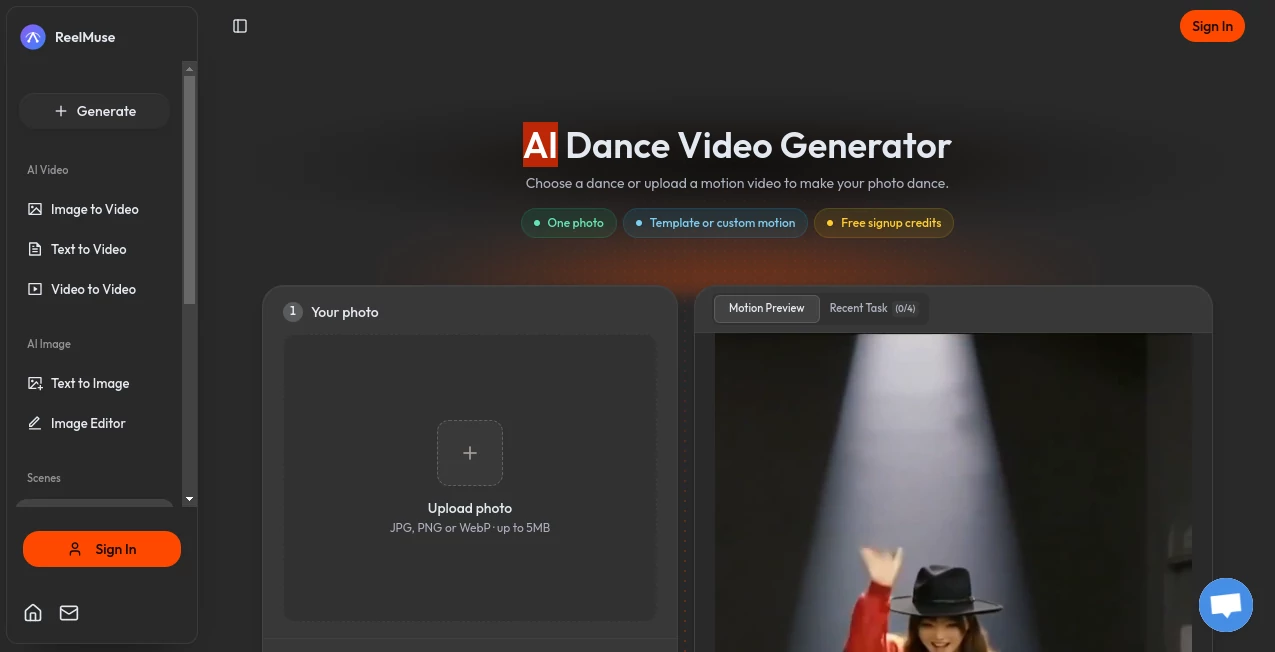 Screenshot of AI Dance Generator | ReelMuse – An AI tool in the ,AI Animated Video ,AI Image to Video ,AI Video Generator  category, showcasing its interface and key features.
