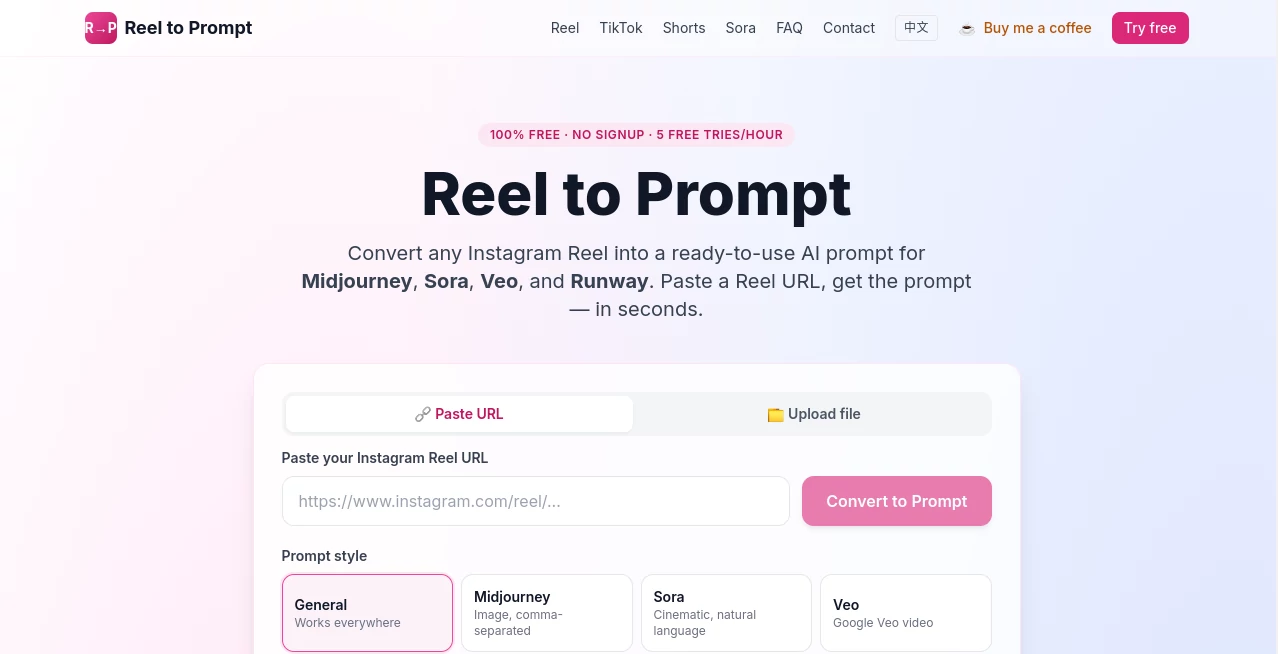 Screenshot of Reel to Prompt – An AI tool in the ,AI Content Generator ,AI Video Generator ,AI Social Media Assistant ,Prompt  category, showcasing its interface and key features.