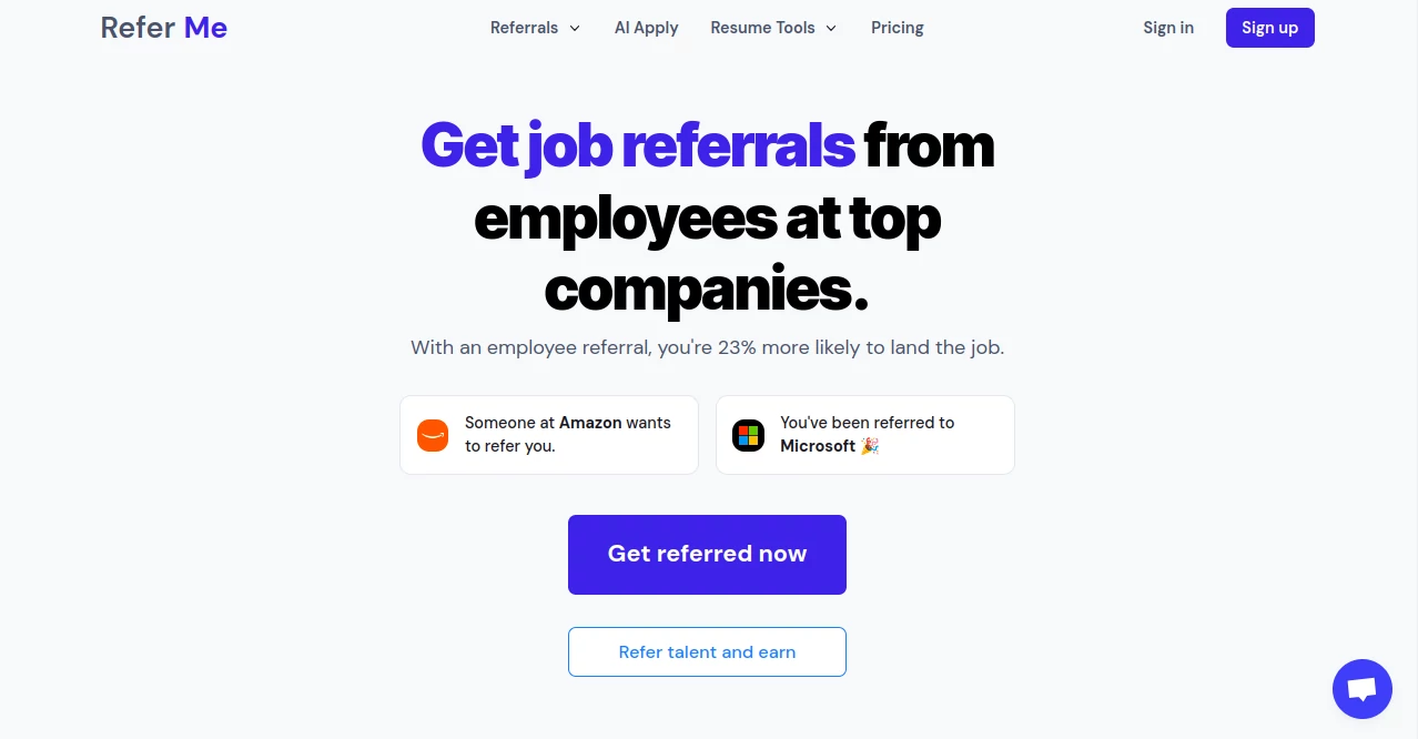 Screenshot of Refer Me – An AI tool in the ,AI Cover Letter Generator ,AI Interview Assistant ,AI Recruiting ,AI Resume Builder  category, showcasing its interface and key features.