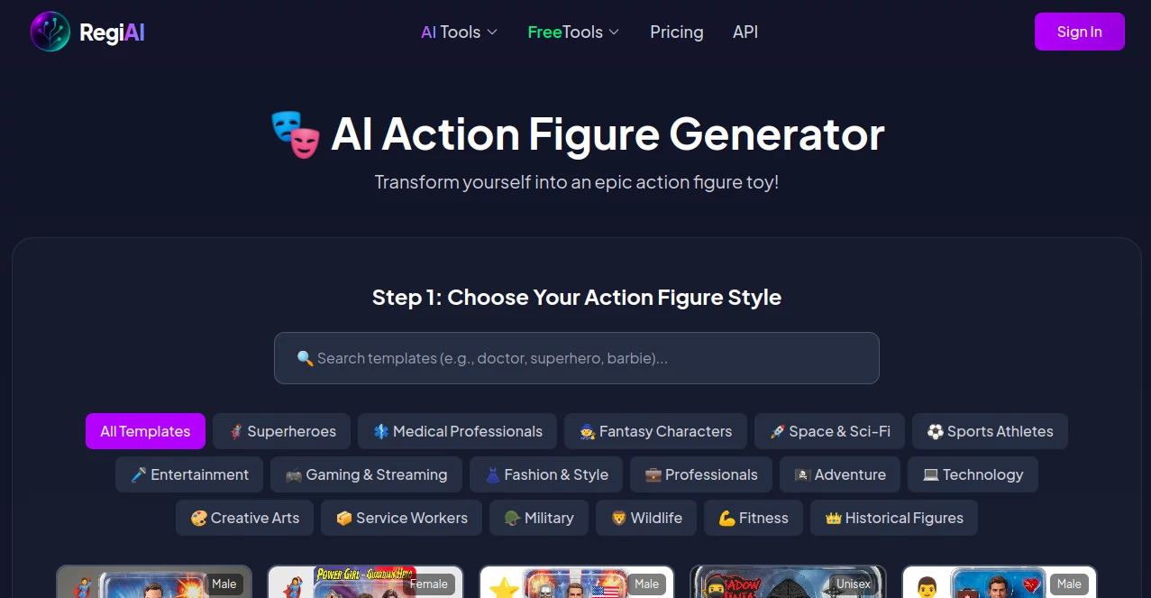 Screenshot of AI Action Figure Generator – An AI tool in the ,AI Photo & Image Generator ,AI 3D Model Generator ,AI Avatar Generator ,AI Image to 3D Model  category, showcasing its interface and key features.