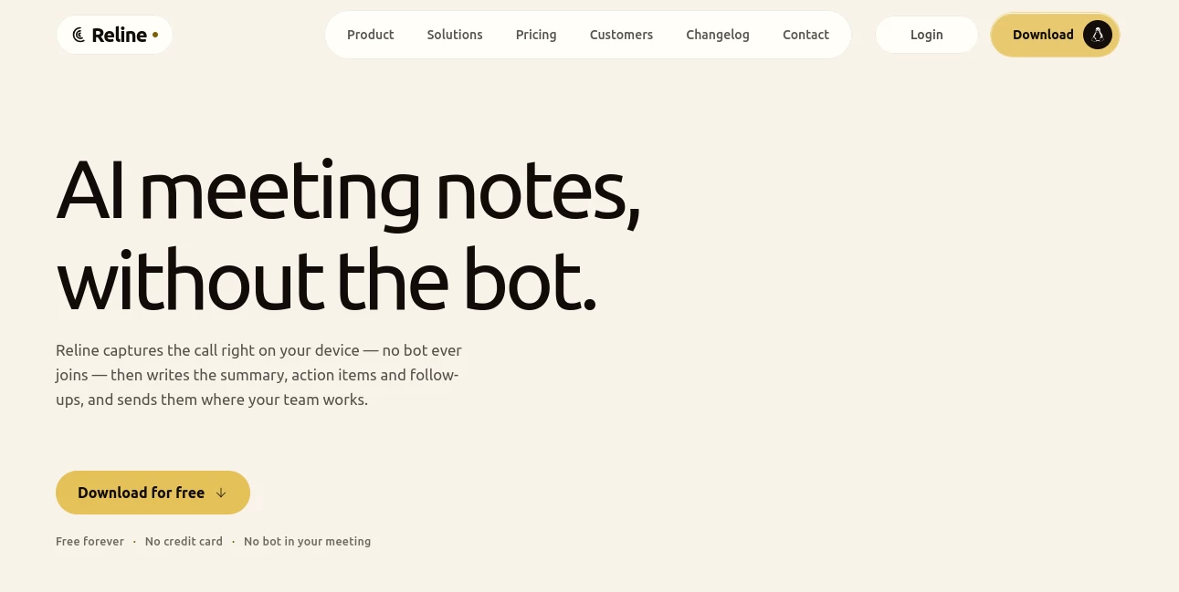 Screenshot of Reline – An AI tool in the ,AI Recording ,AI Transcription ,AI Meeting Assistant ,AI Notes Assistant  category, showcasing its interface and key features.