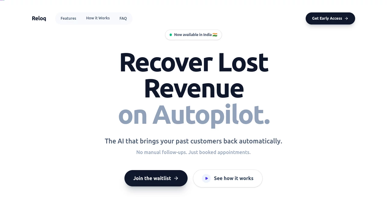 Screenshot of Reloq – An AI tool in the ,AI Lead Generation ,AI Sales Assistant ,AI CRM Assistant ,AI Customer Service Assistant  category, showcasing its interface and key features.