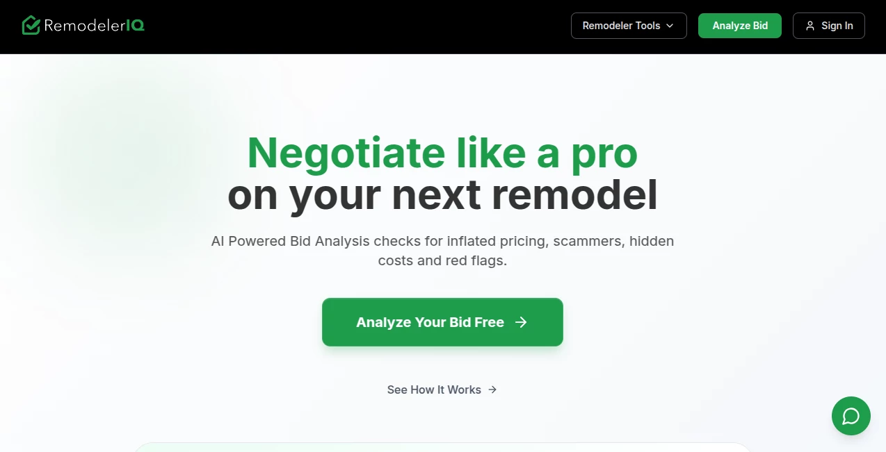 Screenshot of RemodelerIQ – An AI tool in the ,AI Research Tool ,AI Consulting Assistant ,AI Analytics Assistant ,AI Productivity Tools  category, showcasing its interface and key features.