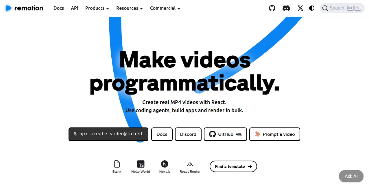 Screenshot of Remotion – An AI tool in the ,AI Animated Video ,AI Video Editor ,AI Video Generator ,AI Developer Tools  category, showcasing its interface and key features.