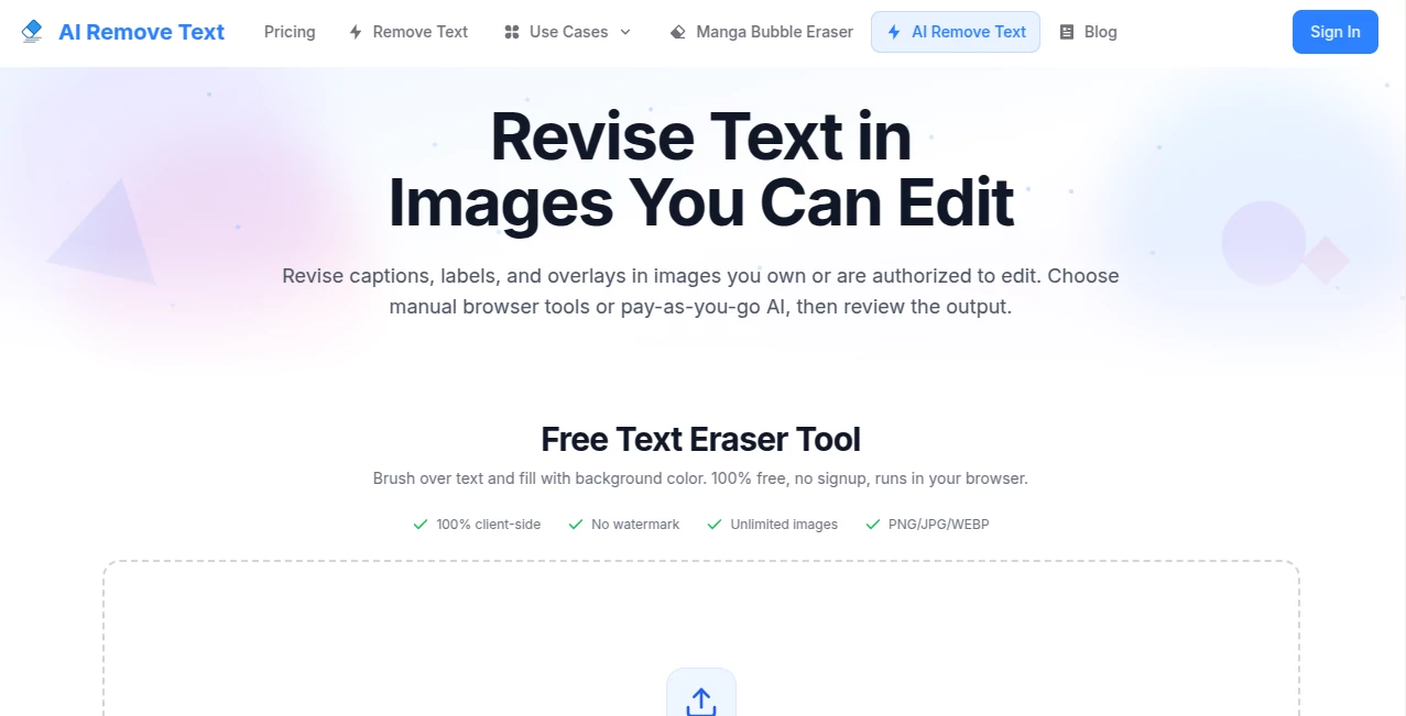 Screenshot of AI Remove Text – An AI tool in the ,AI Photo & Image Generator ,AI Photo Enhancer ,AI Background Remover  category, showcasing its interface and key features.