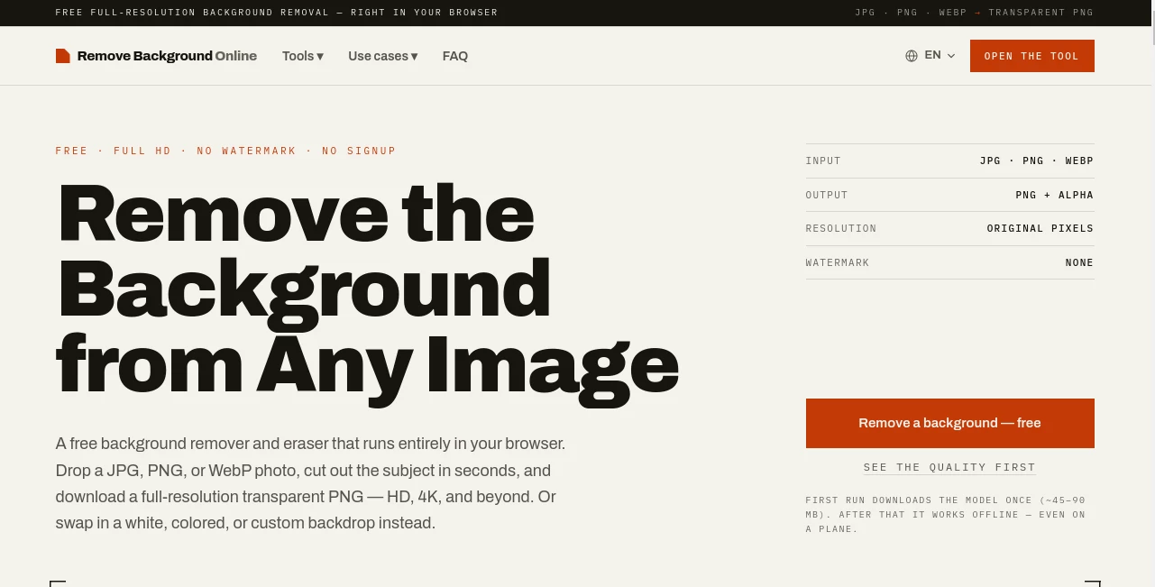 Screenshot of Remove Background Online – An AI tool in the ,AI Background Remover ,Design & Art  category, showcasing its interface and key features.