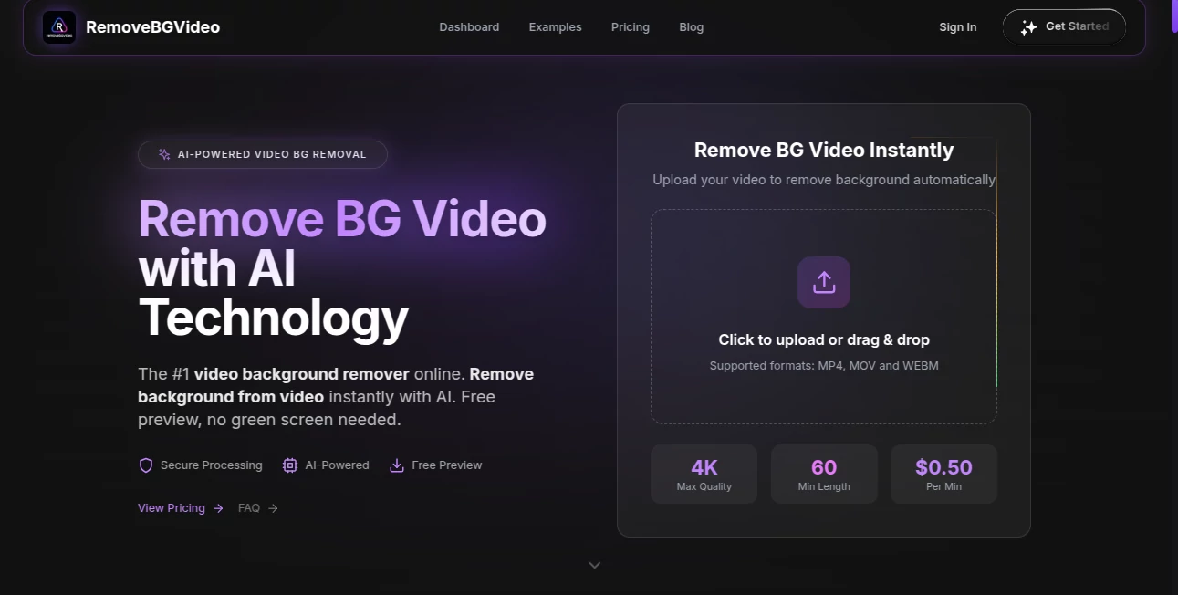 Screenshot of remove bg video – An AI tool in the ,AI Background Remover ,AI Video Editor ,AI Video Enhancer  category, showcasing its interface and key features.