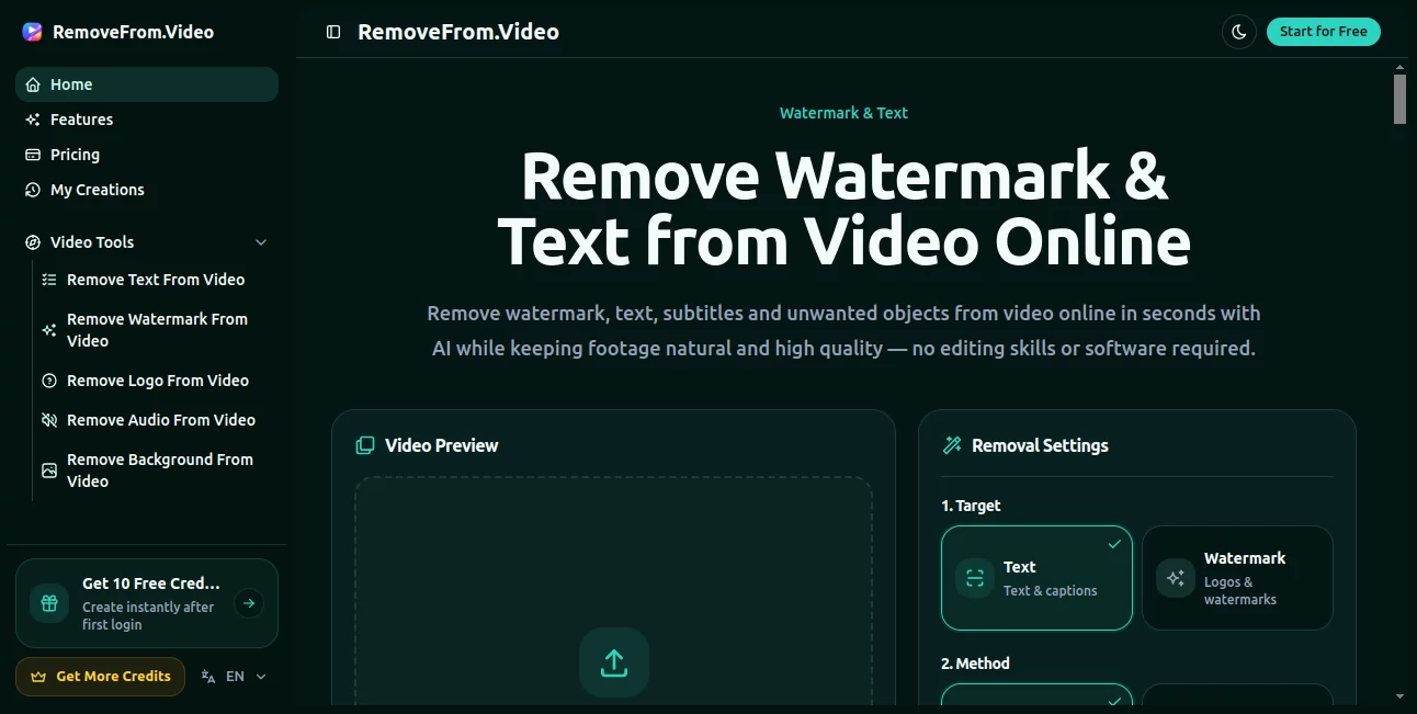 Screenshot of RemoveFrom.Video – An AI tool in the ,AI Video Generator ,AI Content Generator ,AI Video Editor ,AI Video Enhancer  category, showcasing its interface and key features.