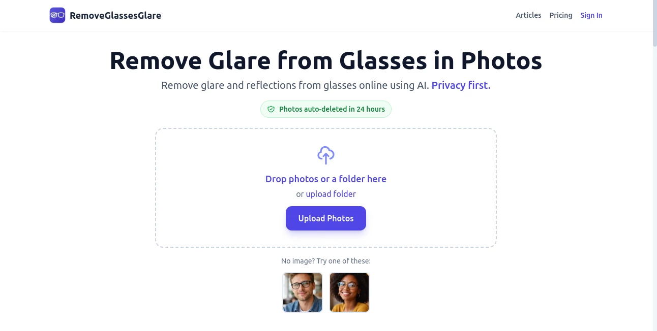 Screenshot of RemoveGlassesGlare – An AI tool in the ,AI Photo & Image Generator ,Photo & Image Editor ,AI Photography  category, showcasing its interface and key features.