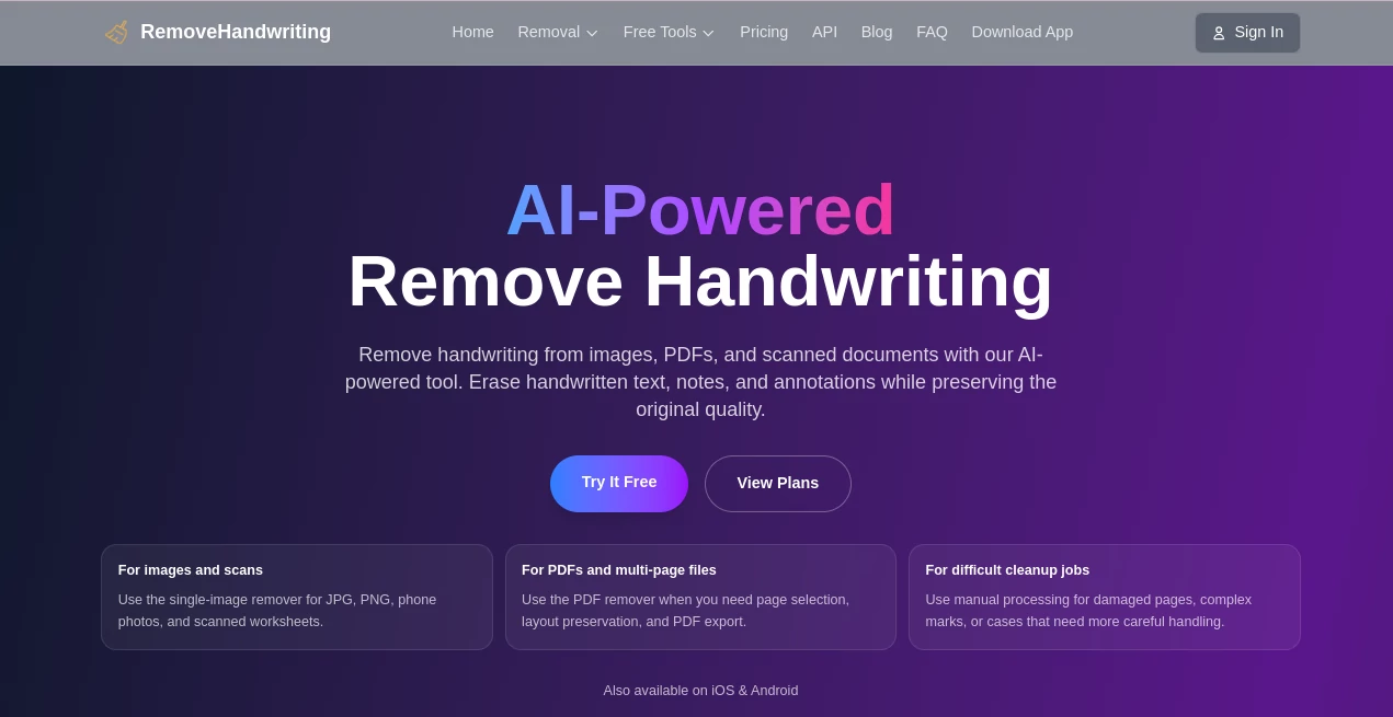 Screenshot of Remove Handwriting – An AI tool in the ,Photo & Image Editor ,AI Image to Image ,AI Document Extraction ,AI Documents Assistant  category, showcasing its interface and key features.