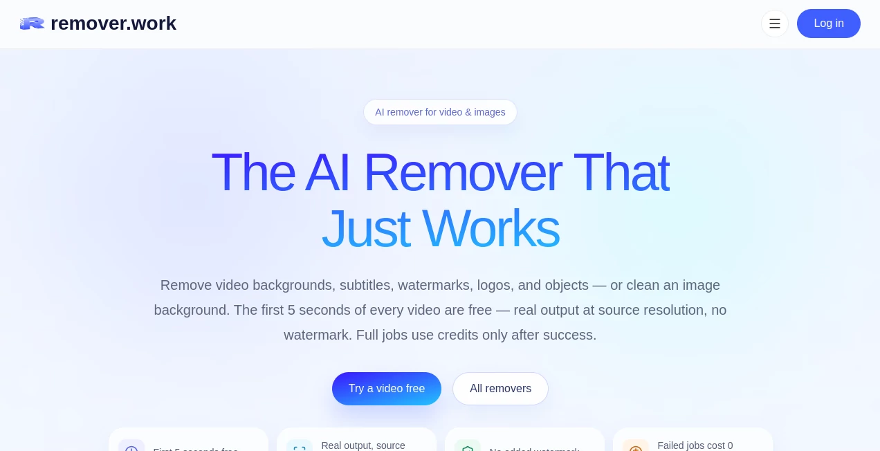 Screenshot of remover.work – An AI tool in the ,AI Background Remover ,Photo & Image Editor ,AI Video Editor ,AI Video Enhancer  category, showcasing its interface and key features.