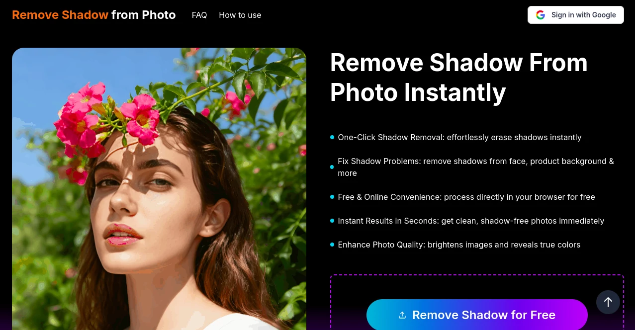 Screenshot of Remove Shadow from Photo – An AI tool in the ,AI Background Remover ,Photo & Image Editor ,AI Photo Enhancer ,AI Image to Image  category, showcasing its interface and key features.