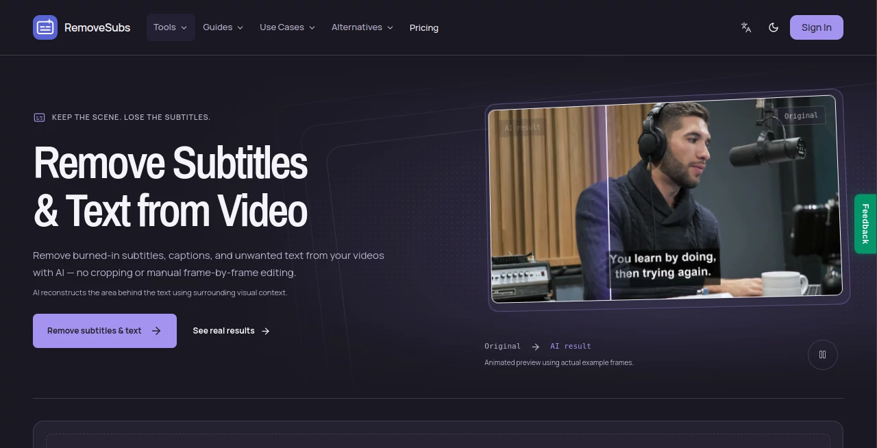 Screenshot of RemoveSubs – An AI tool in the ,AI Video Editor ,Video  category, showcasing its interface and key features.