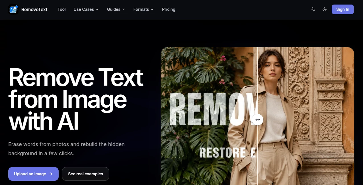 Screenshot of RemoveText – An AI tool in the ,Photo & Image Editor ,AI Background Generator ,AI Image to Image  category, showcasing its interface and key features.