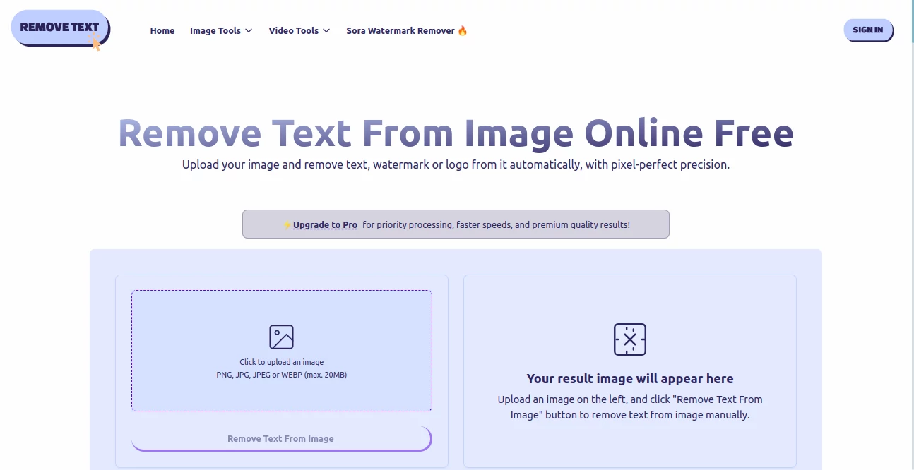 Screenshot of Remove Text – An AI tool in the ,Photo & Image Editor ,AI Photo Enhancer ,AI Background Remover ,AI Image Recognition  category, showcasing its interface and key features.