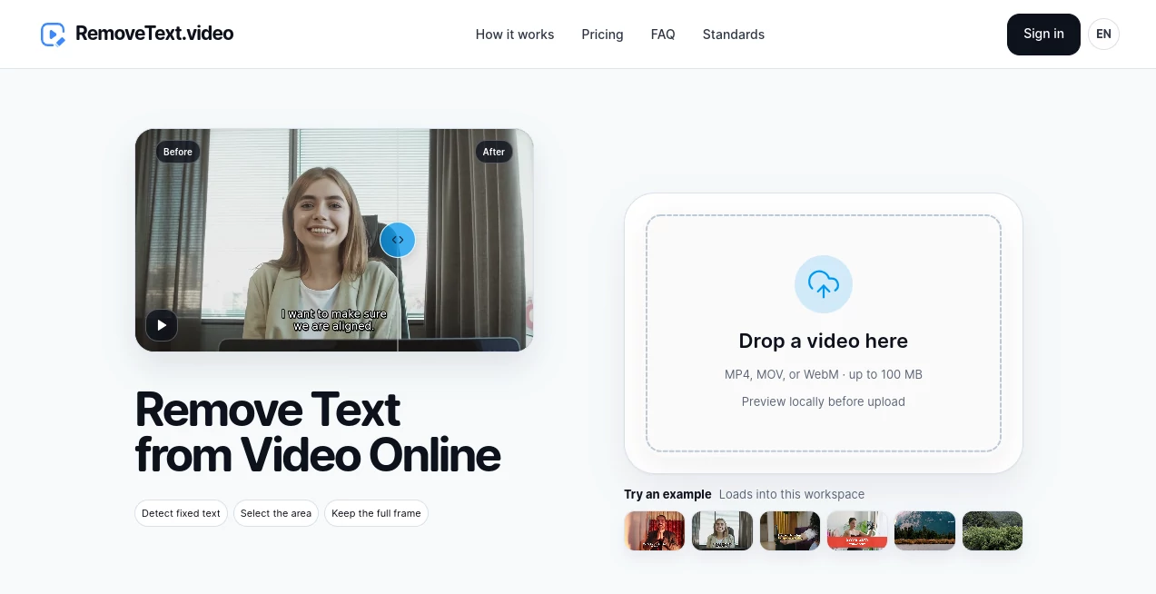 Screenshot of RemoveText.video – An AI tool in the ,AI Video Editor ,AI Video Enhancer  category, showcasing its interface and key features.
