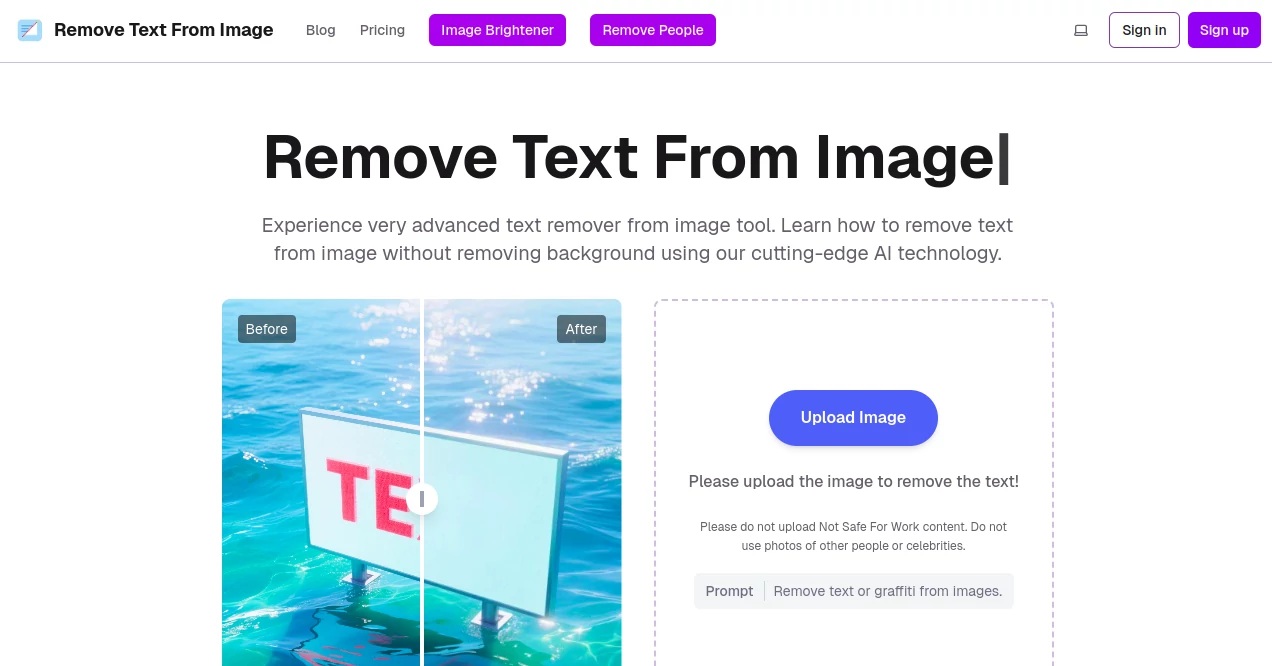Screenshot of Remove text from image – An AI tool in the ,Photo & Image Editor ,AI Background Remover ,AI Image to Image ,AI Image Segmentation  category, showcasing its interface and key features.
