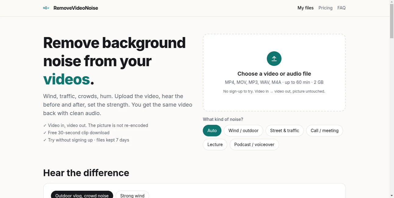 Screenshot of RemoveVideoNoise – An AI tool in the ,AI Noise Cancellation ,AI Audio Enhancer ,AI Video Editor ,AI Video Enhancer ,Voice  category, showcasing its interface and key features.