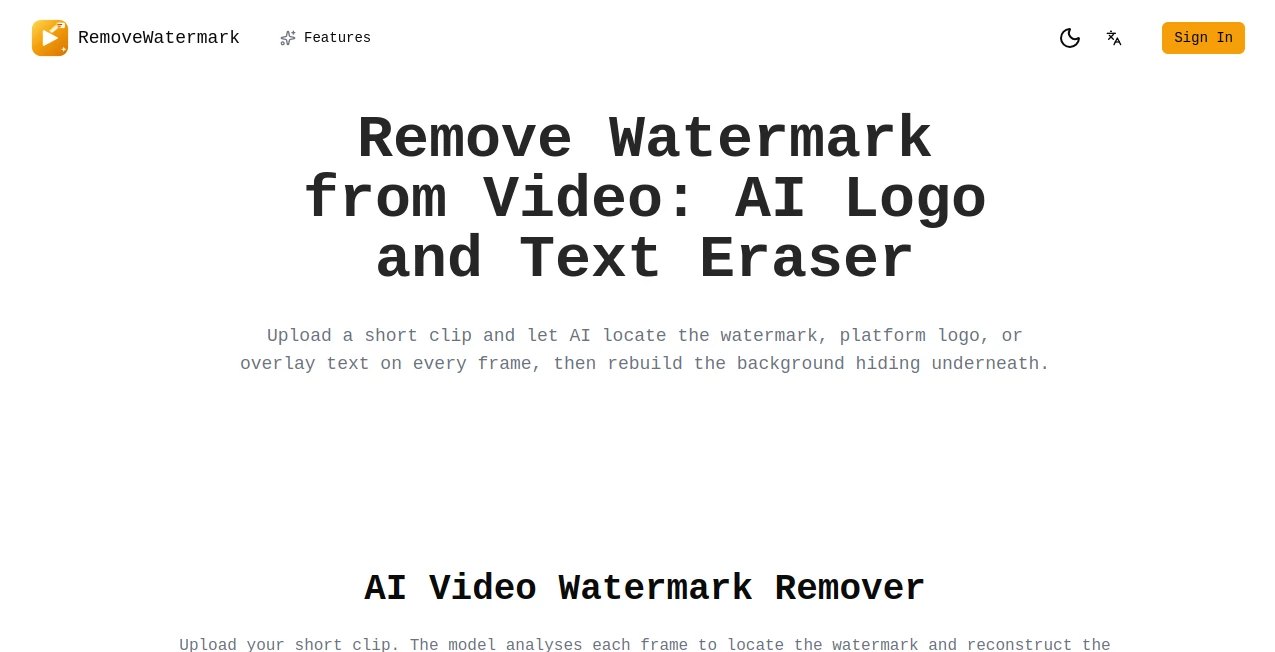 Screenshot of RemoveWatermark – An AI tool in the ,AI Video Editor ,Video  category, showcasing its interface and key features.