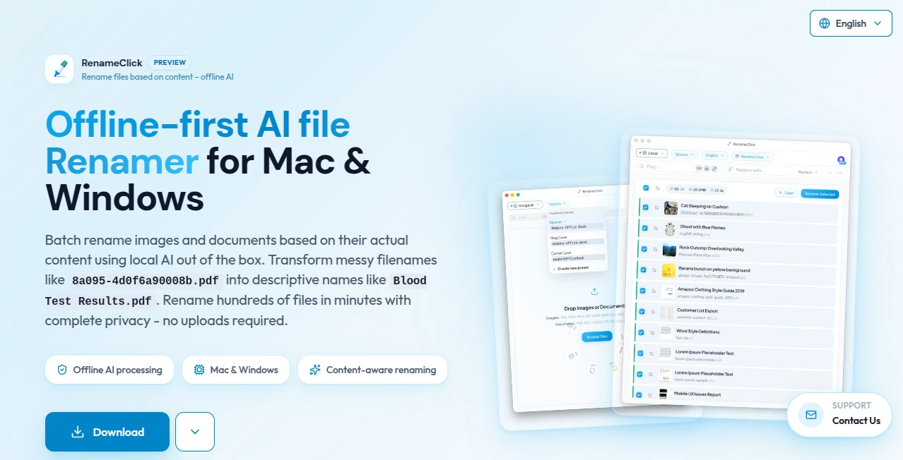 Screenshot of RenameClick – An AI tool in the ,AI Productivity Tools ,AI Documents Assistant ,AI Files Assistant  category, showcasing its interface and key features.