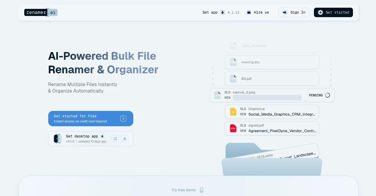 Screenshot of renamer.ai – An AI tool in the ,AI Document Extraction ,AI Documents Assistant ,AI Files Assistant ,AI Productivity Tools  category, showcasing its interface and key features.
