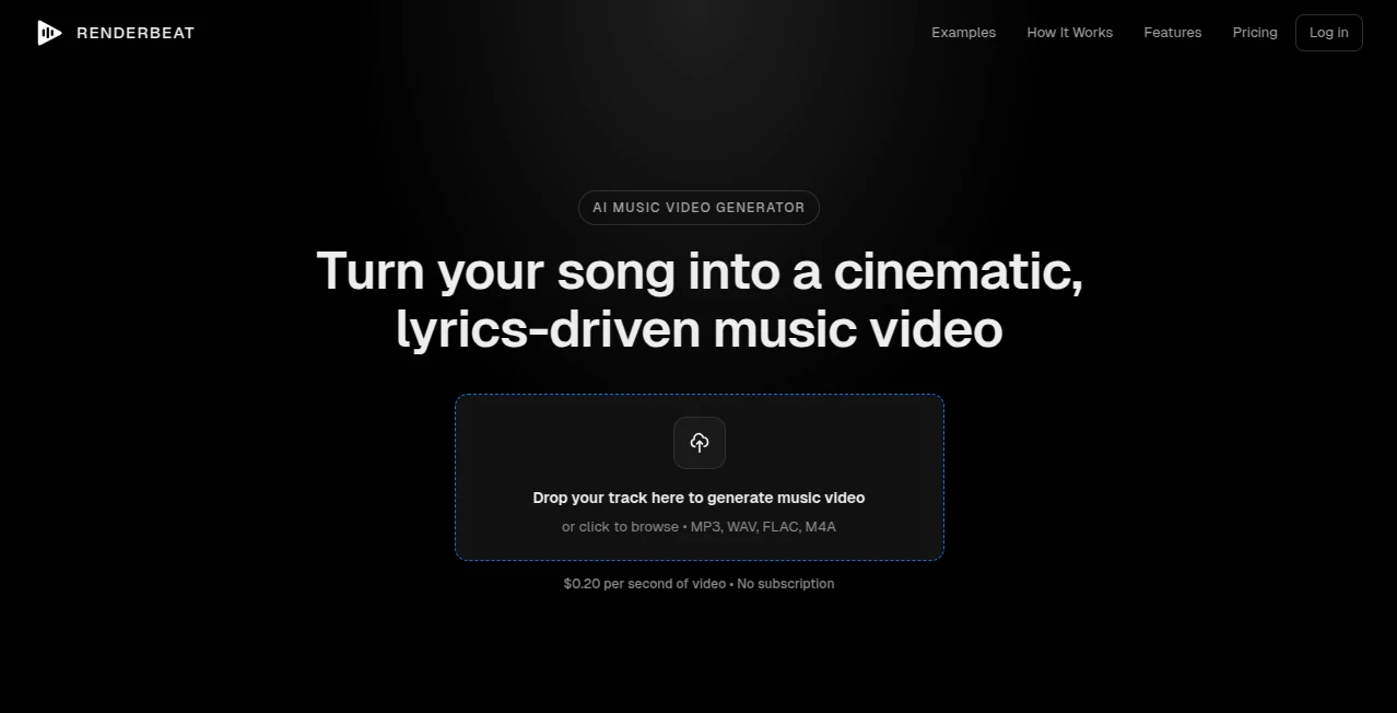Screenshot of RenderBeat – An AI tool in the ,AI Music Video Generator ,AI Text to Video ,AI Video Generator ,AI Short Clips Generator  category, showcasing its interface and key features.