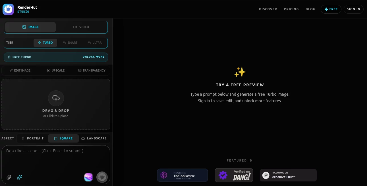 Screenshot of RenderHut – An AI tool in the ,AI Photo & Image Generator ,AI Image to Video ,AI Video Generator ,AI Video Editor  category, showcasing its interface and key features.