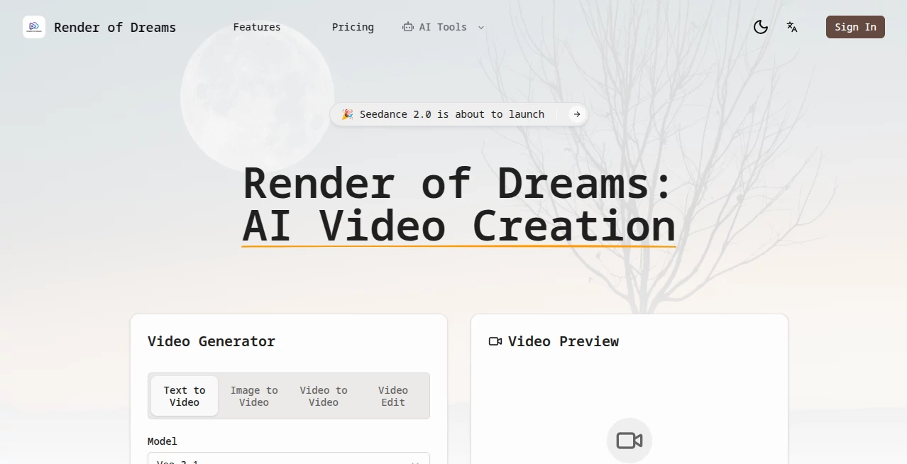 Screenshot of Render of Dreams – An AI tool in the ,AI Animated Video ,AI Image to Video ,AI Video Generator ,AI Text to Video  category, showcasing its interface and key features.