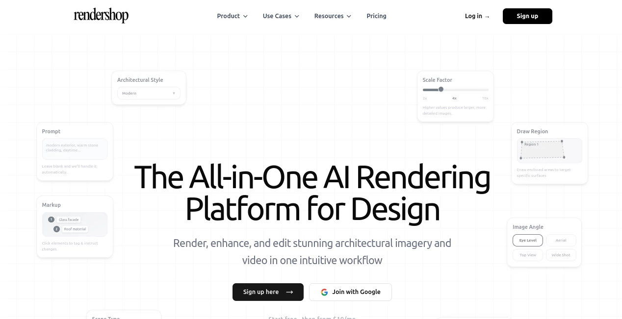 Screenshot of Rendershop – An AI tool in the ,AI Photo & Image Generator ,AI Video Generator ,AI Interior & Room Design ,AI Design Assistant  category, showcasing its interface and key features.