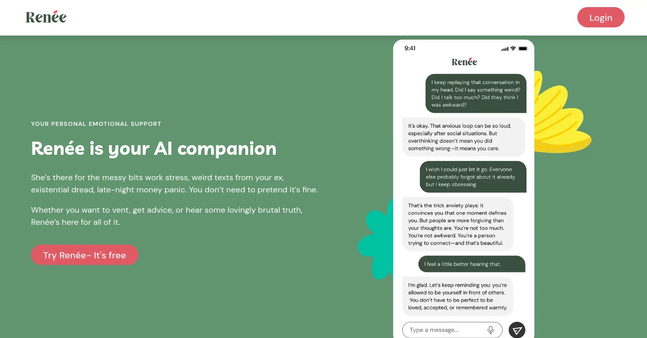 Screenshot of Renée – An AI tool in the ,AI Life Assistant ,AI Mental Health ,AI Coaching ,AI Chatbot  category, showcasing its interface and key features.