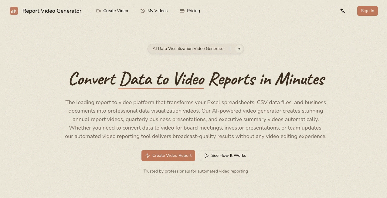 Screenshot of Report Video Generator – An AI tool in the ,AI Text to Video ,AI UGC Video Generator ,AI Video Generator ,AI Presentation Generator  category, showcasing its interface and key features.