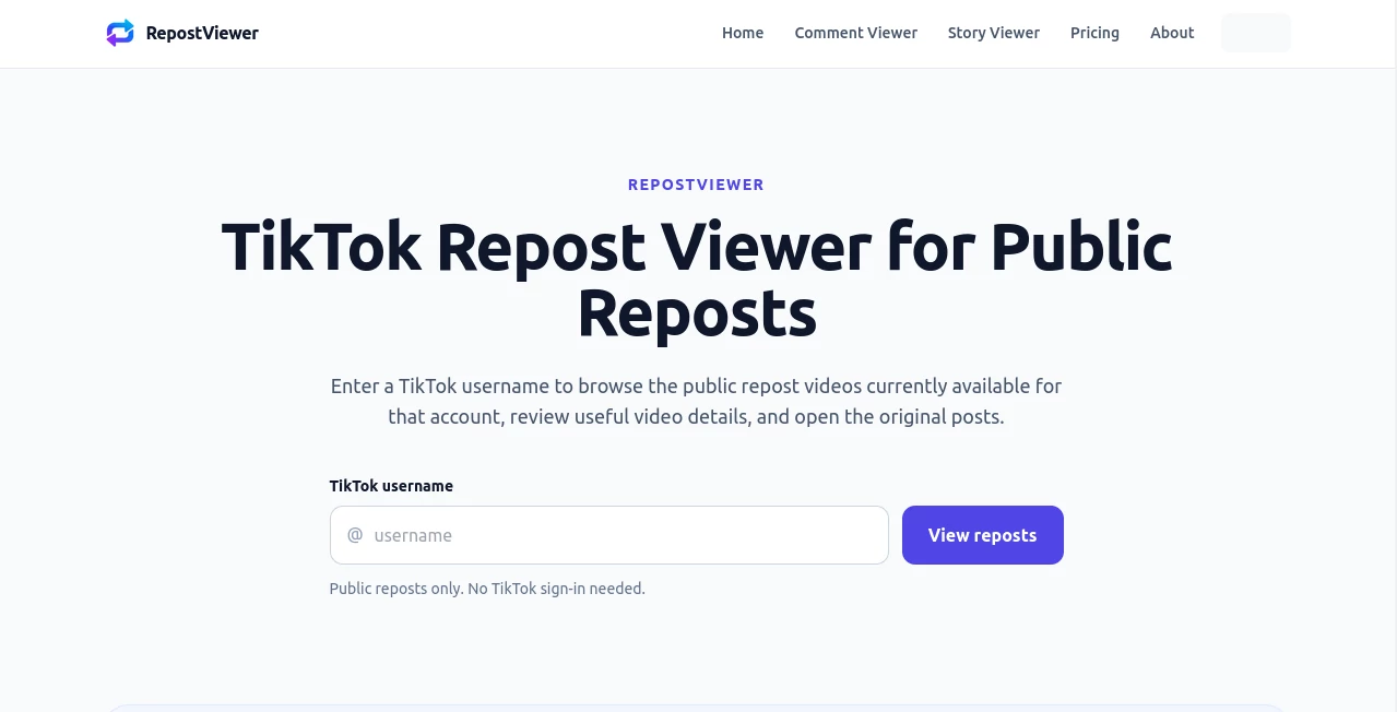 Screenshot of RepostViewer – An AI tool in the ,Marketing ,AI Social Media Assistant  category, showcasing its interface and key features.