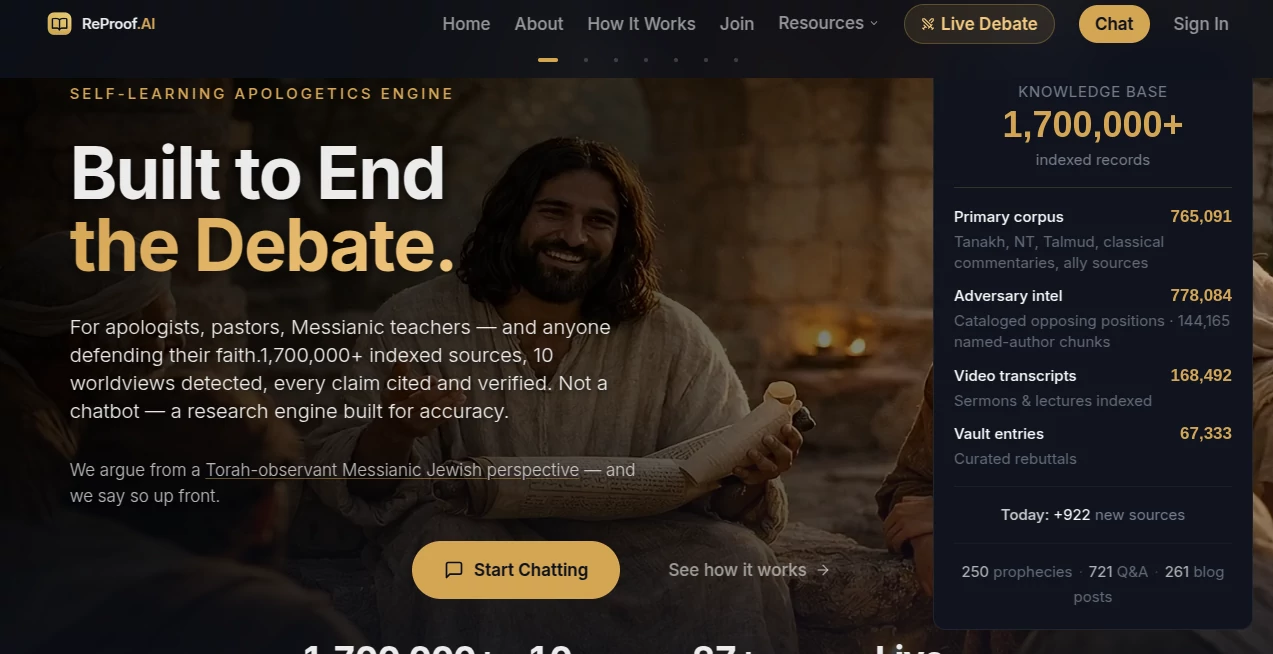 Screenshot of ReProof.AI – An AI tool in the ,AI Research Tool ,AI Chatbot ,AI Religion ,AI Education Assistant  category, showcasing its interface and key features.